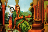 Indian Art - Vintage Painting - Krishna As Damodar With Mother Yasoda Churning Butter