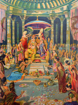 Ram Rajyabhishek - Raja Ravi Varma Press Oleograph Print - Vintage Indian Ramayan Art