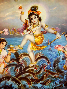 Indian Art - Vintage Painting - Krishna Dancing On Kalia
