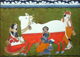 Krishna Milking Cow, Accomanied By Parents Yashoda And Nanda - Indian Vintage Miniature Painting