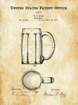 Beer Mug Patent 1876 - Home Bar Wall Decor - Beer Pub Restaurant Poster Art - Beer Lover Gift