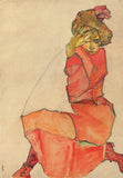 Kneeling Female In Orange-Red Dress - Egon Schiele