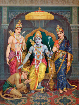 Sree Raghunandan - Ram Laxman Sita And Hanuman - Art by M V Dhurandar - Raja Ravi Varma Press Vintage Printed Oleograph Poster