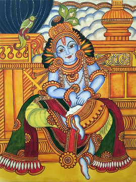 Bal Gopala Krishna Enjoying Butter - Kerala Mural Painting