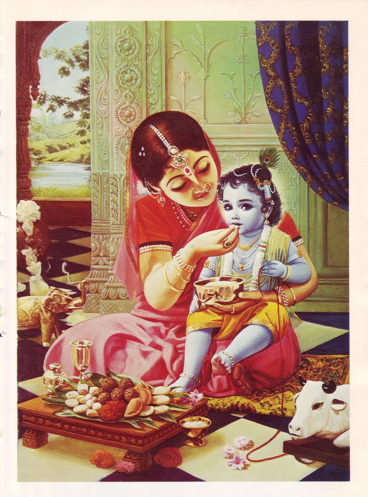 Indian Art - Vintage Lithograph - Yashoda Feeding Krishna