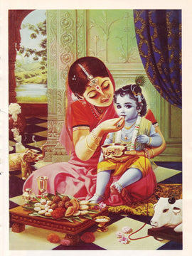 Indian Art - Vintage Lithograph - Yashoda Feeding Krishna