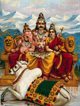 Shiva Parvati And Ganesha On Mount Kailas With Nandi - Raja Ravi Varma