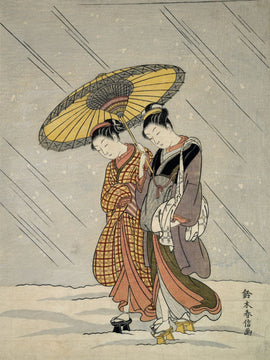 Two Women In A Storm - Suzuki Harunobu - Japanese Ukiyo Woodblock Painting