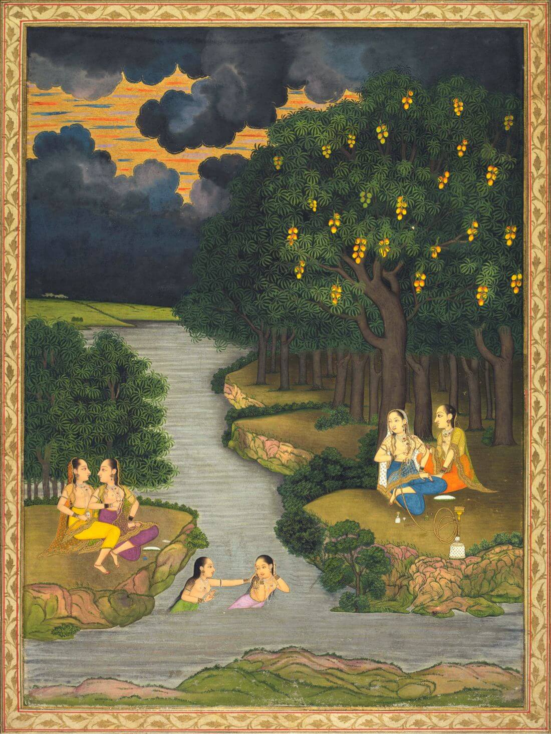 Under The Mango Trees At The Forest’s Edge (In the Style of Hunhar II) - Lucknow - Vintage Indian Miniature Painting c1765
