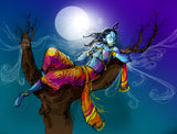 Fantasy Art - Digital Painting - Krishna Kanhaiya Playing Flute In The Moonlight