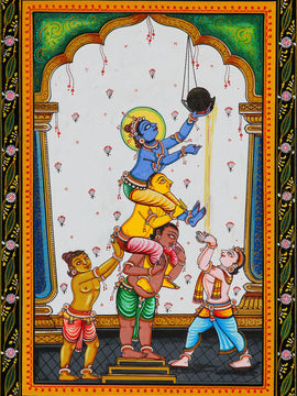 Indian Art - Vintage Painting - Baby Krishna Damodar Stealing Butter (Makhan Chor)