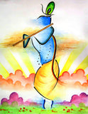 Indian Art - Abstract Watercolor Painting - Krishna Playing The Flute