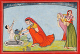 Baby Krishna Plays With His Mother Yashodha Pahari School - Indian Vintage Miniature Painting