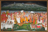 Krishna Lifting Mount Govardhan On His Little Finger - Indian Painting